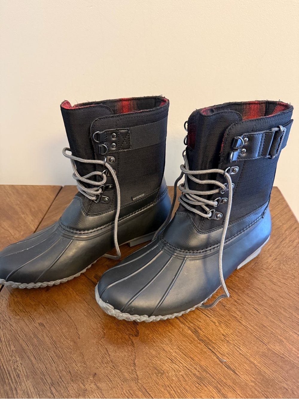 Men's JBU Black Duck Boots with Gray Laces and Sole, w/out inserts and box